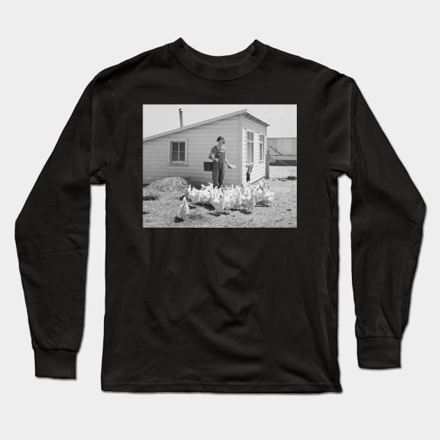 Farm Girl Feeding Chickens, 1936. Vintage Photo Long Sleeve T-Shirt by historyphoto